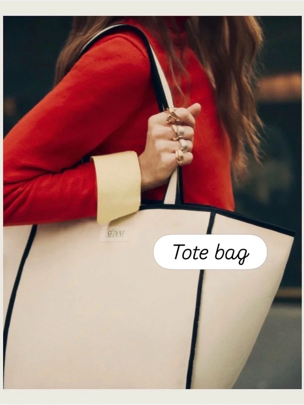 Sezane Canvas Cream Tote with Contrasting Black Trim NWT